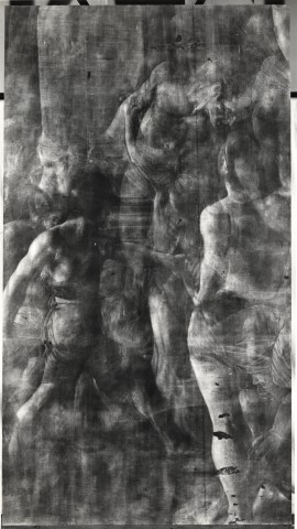Anonimo — Merisi Michelangelo - sec. XVI/ XVII - Martirio di san Matteo: particolare — particolare, radiografia della parte centrale